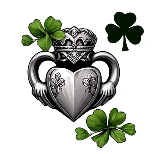 claddagh with designs on both sides and a shamrock on top tattoo design idea
