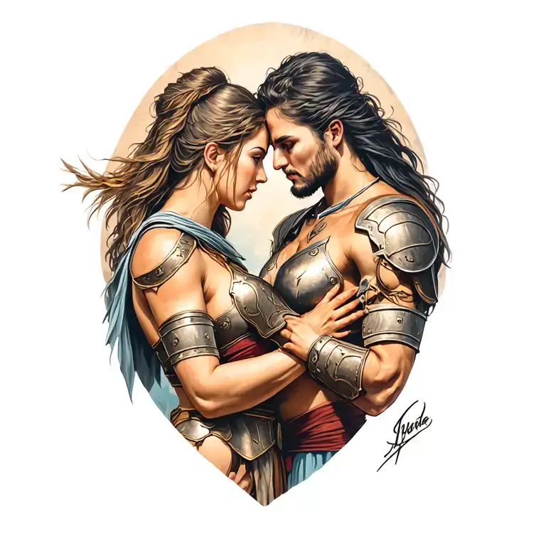 spartin warrior with spartin woman warrior comforting each other tattoo design idea