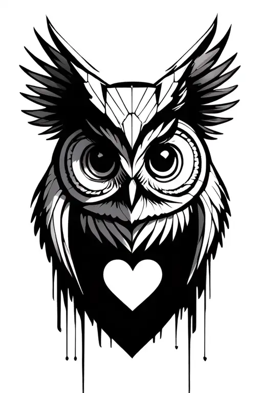 Minimalism thin line Flying little owl with heart in claw Hanging/flying above geometric human head with heart tattoo design idea