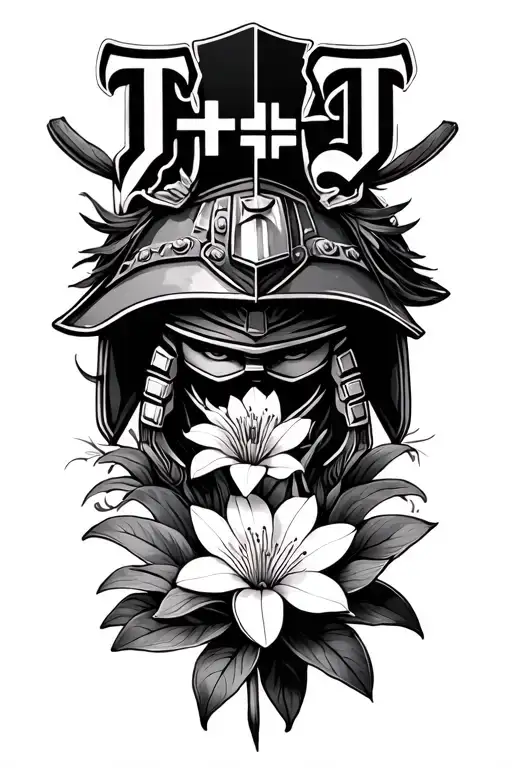 "t+J" j+t initials and Samurai head with helmet surrounded by night-blooming Cereus tattoo design idea