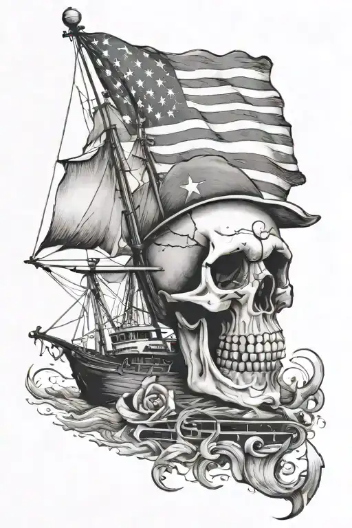 skull with American flag in the background and ship with Caribbean islands tattoo design idea