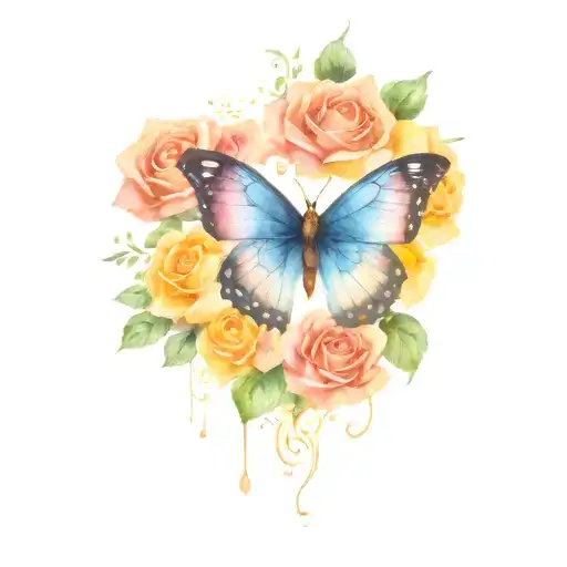 butterfly with roses tattoo design idea