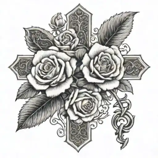 Christian Cross with roses A intricate dotwork pattern of a rose intertwined with a scripture verse, representing beauty tattoo design idea