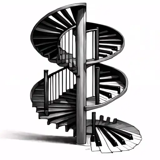 spiral staircase with piano keys as the steps,  start together at the top and fall apart as it gets closer to the bottom tattoo design idea
