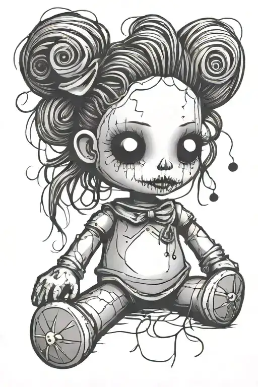 creepy voodoo doll, heartbroken, stuck with pins, crazy hair, sewing heart, simple lines tattoo design idea