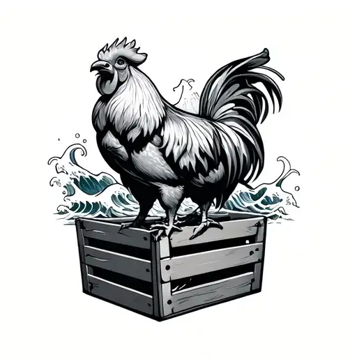 Pig and rooster with waves and wooden crate tattoo design idea