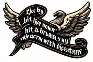 wings, struggle for life, inscription in Russian in the style of "Live by honor, hit bravely, die with dignity", tattoo design idea