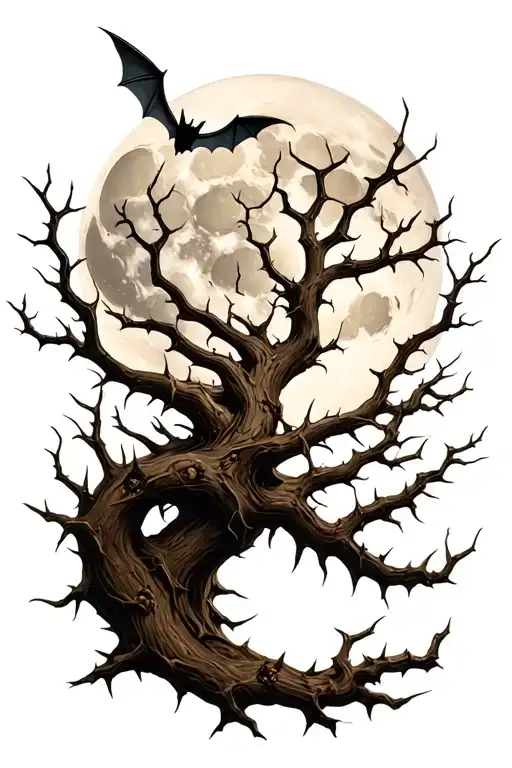 poison tree with thorns wrapped around with moon and bats tattoo design idea