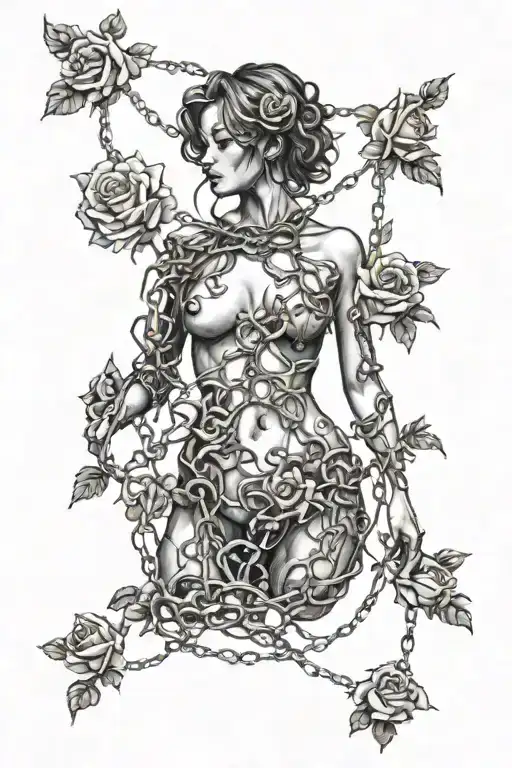 Silhouette of a girl naked anatomically correct breasts, roots growing out of chains, roses tattoo design idea