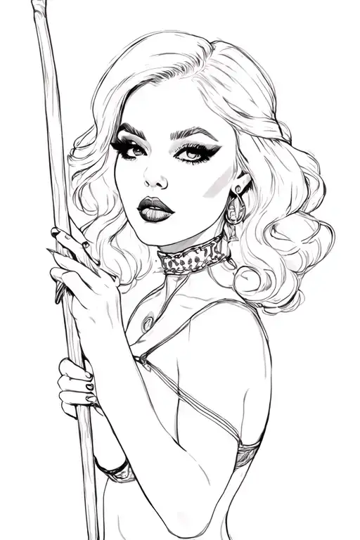 pin up girl full body black and grey holding long stick tattoo design idea