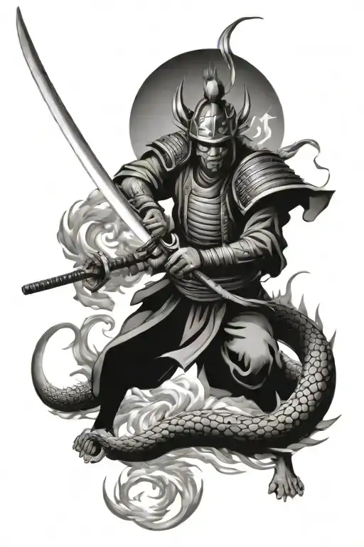 samurai fighting dragon breathing fire tattoo design idea