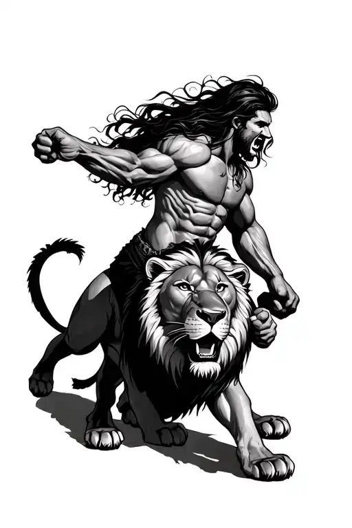 strong man with long hair fighting a lion with his bare hands tattoo design idea