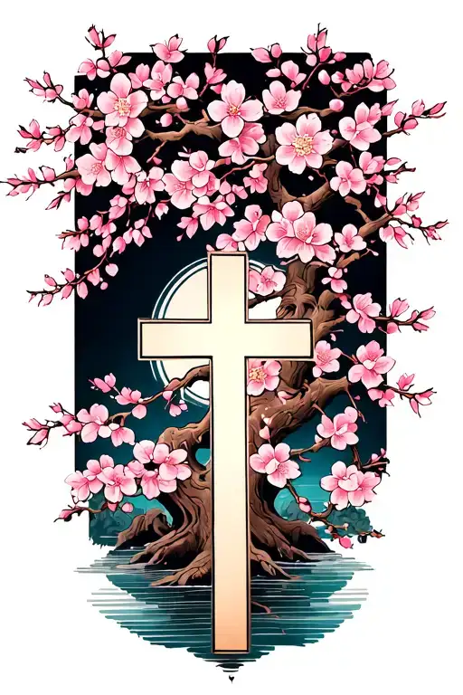 Cherry blossom tree and cross tattoo design idea