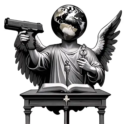 Angel holding the key to life with a Glock 19 in his left hand and a bible with the globe hovering over it at an alter tattoo design idea