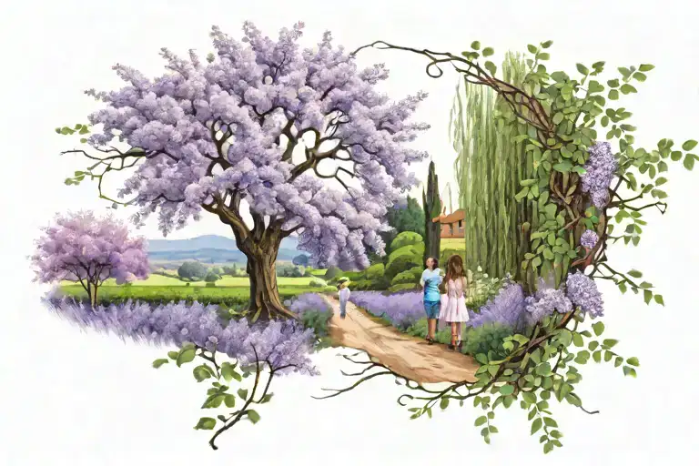 field of lilac flowers with willow tree and ivy and 3 daughters skipping looking back tattoo design idea