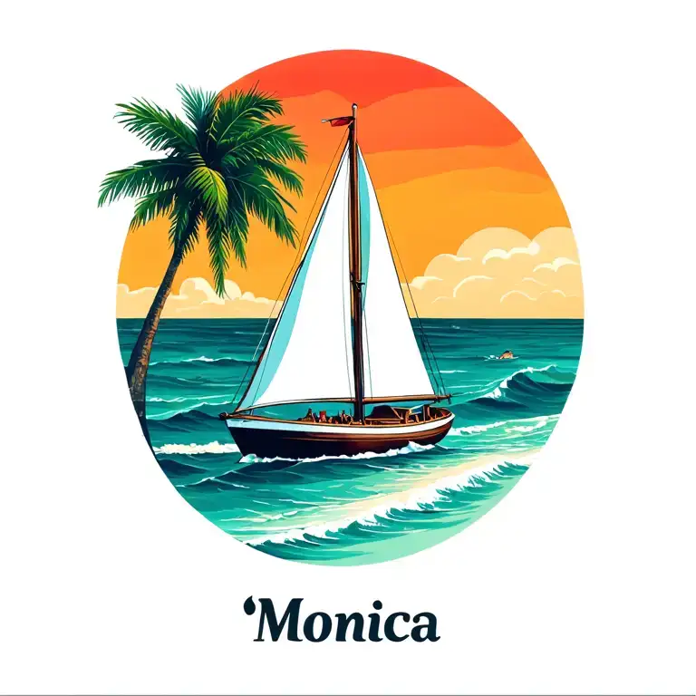 "Monica" "Monica" white sailboat foreground, sailing towards sunset, background island palm, ocean, beach tattoo design idea