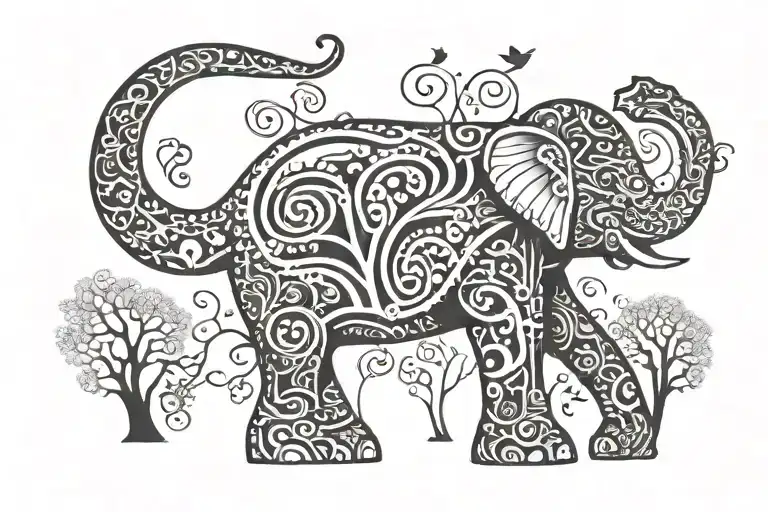 elephant with it's trunk up and trees inside the body tattoo design idea