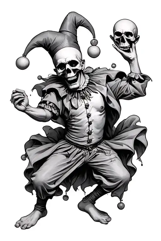 a full body court jester with a skull for a face juggling happy and sad drama masks  tattoo design idea