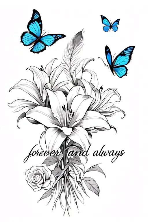 A bunch of lilies with three butterflies, three small peacock feathers words saying forever and always with two roses tattoo design idea