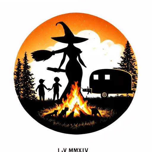 "IV V MMXIV" silhouette of busty sexy witch bride on broomstick over a campsite with a trailer and campfire with children & dog tattoo design idea