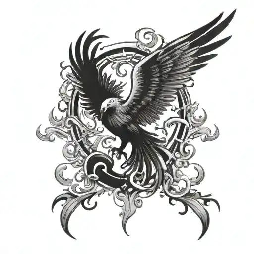 Phoenix rising from ashes with Serenity Prayer and yin yang symbol tattoo design idea