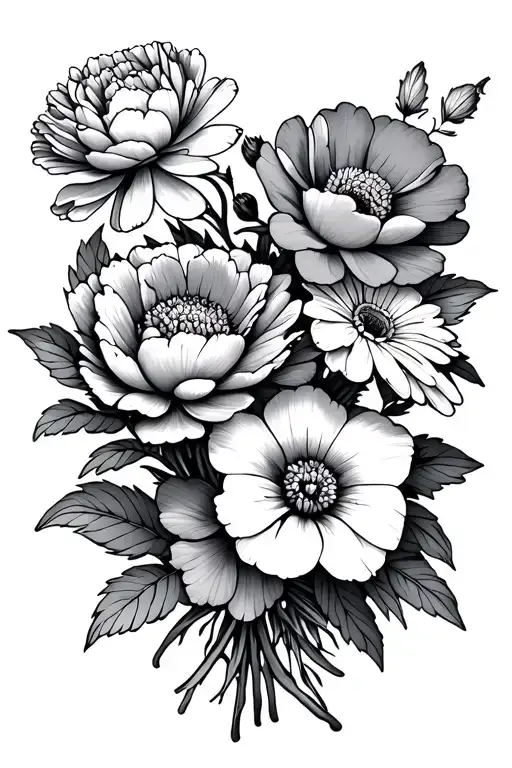 a bouquet of 5 flowers, one peony, one marigold, one aster, one cosmo, one morning glory with stems wrapping together  tattoo design idea