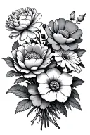 a bouquet of 5 flowers, one peony, one marigold, one aster, one cosmo, one morning glory with stems wrapping together  tattoo design idea