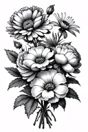 a bouquet of 5 flowers, one peony, one marigold, one aster, one cosmo, one morning glory with stems wrapping together  tattoo design idea