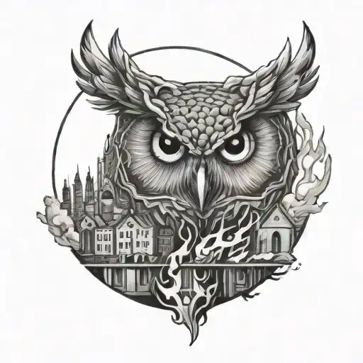 burning city with Owl perched tattoo design idea