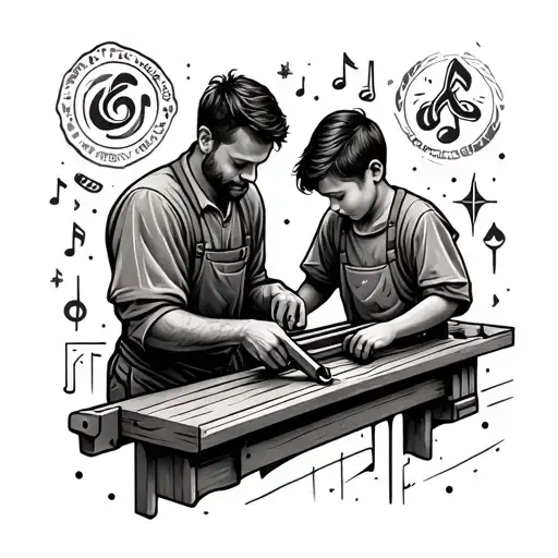 A tattoo of a father and son working together on a woodworking project, surrounded by symbols of music and art tattoo design idea