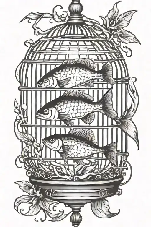 fish in bird cage tattoo design idea