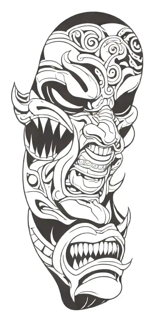 male anime character  oni mask fighting off inner demons  tattoo design idea