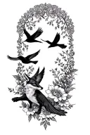 floral lace with birds flying, fox trotting tattoo design idea
