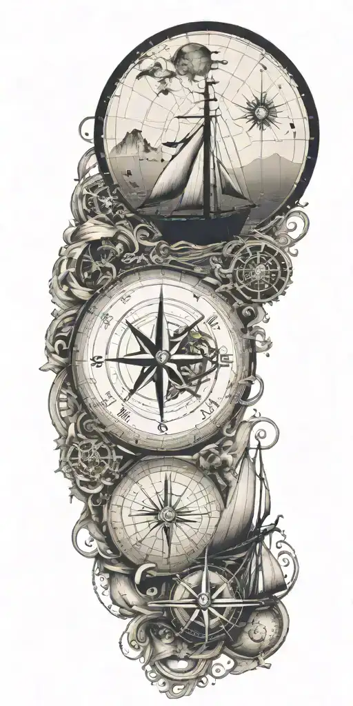 An adventurous tattoo design incorporating sailing and geography, showcasing a compass rose surrounded by nautical elements and world map details tattoo design idea