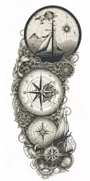 An adventurous tattoo design incorporating sailing and geography, showcasing a compass rose surrounded by nautical elements and world map details tattoo design idea
