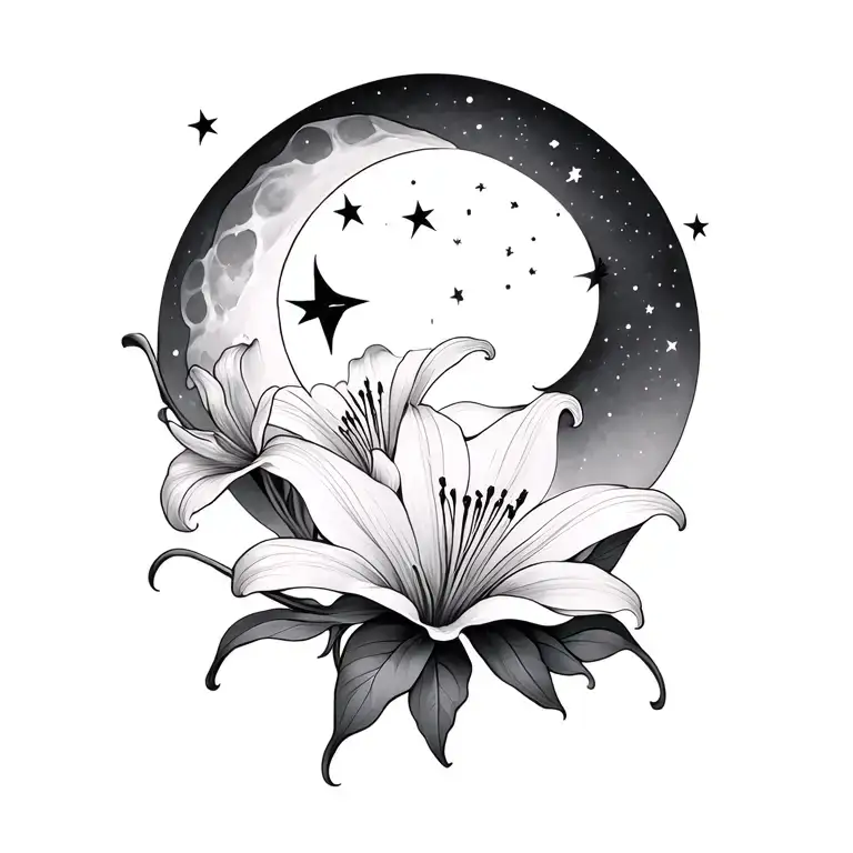 lilly"s with shooting stars moon intertwined tattoo design idea