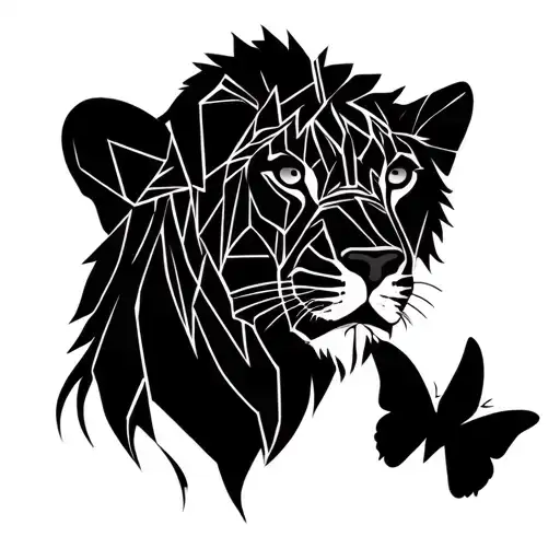 half head lioness 2 lion cubs butterflies tattoo design idea