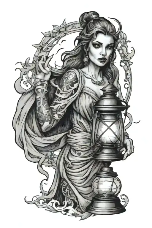 create a black and grey tattoo of an edgy and very attractive goddess holding a lantern. make her witchy and a little sc tattoo design idea