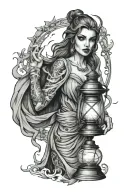 create a black and grey tattoo of an edgy and very attractive goddess holding a lantern. make her witchy and a little sc tattoo design idea