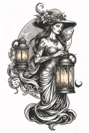 create a black and grey tattoo of an edgy and very attractive goddess holding a lantern. make her witchy and a little sc tattoo design idea