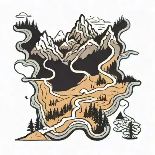 A vintage map with a winding trail leading through mountains and forests, representing the path of self-discovery tattoo design idea