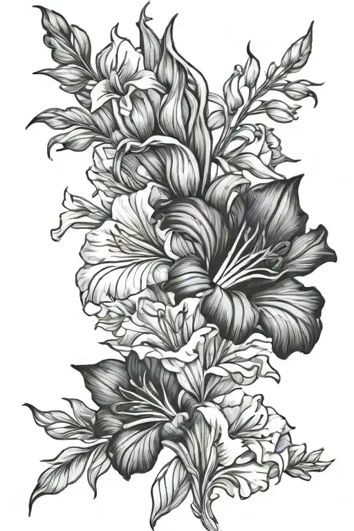 gladiolus, poppy, aster, morning glory flower bouquet tattoo design idea