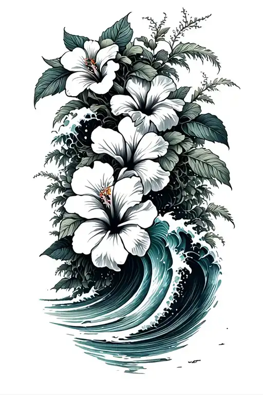 Hibiscus vine wrapping around waves crashing on a beach tattoo design idea
