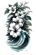 Hibiscus vine wrapping around waves crashing on a beach tattoo design idea