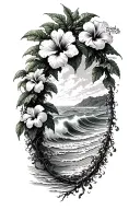 Hibiscus vine wrapping around waves crashing on a beach tattoo design idea