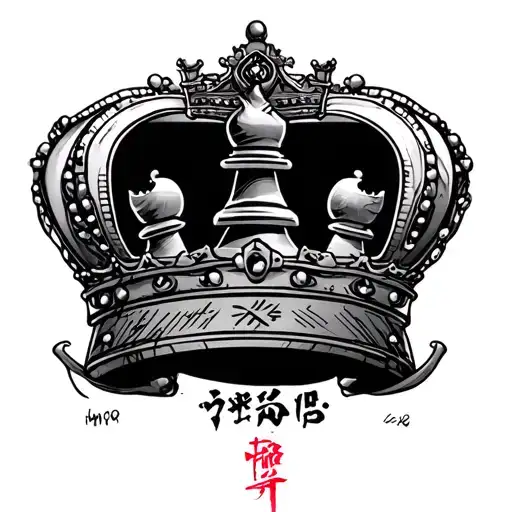 crown chess piece and Japanese writing  tattoo design idea