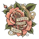 a tattoo of a rose with writing that says forever & always in cursive and the name Nancy written at the top in cursive  tattoo design idea