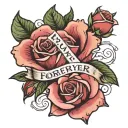 a tattoo of a rose with writing that says forever & always in cursive and the name Nancy written at the top in cursive  tattoo design idea