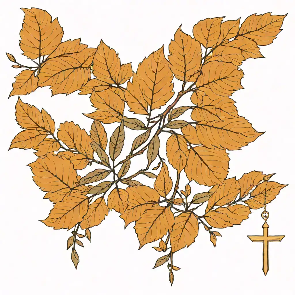 Create a minimalist tattoo design placed on the upper chest near the collarbones. The tattoo consists of two symmetrical olive branch motifs, one on each side, with simple, clean black ink lines. The leaves are sleek and elegant, arranged naturally along thin branches, framing the collarbones. The design complements delicate layered gold necklaces with cross pendants, creating a soft and graceful aesthetic. The tattoo is subtle and emphasizes balance and symmetry, blending harmoniously with the overall feminine and refined style. tattoo design idea