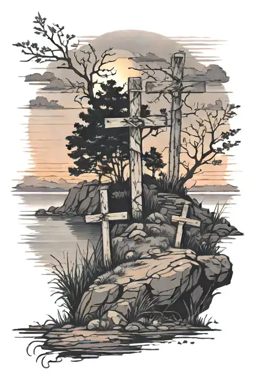 3 crosses on a hill and watch the sunset tattoo design idea